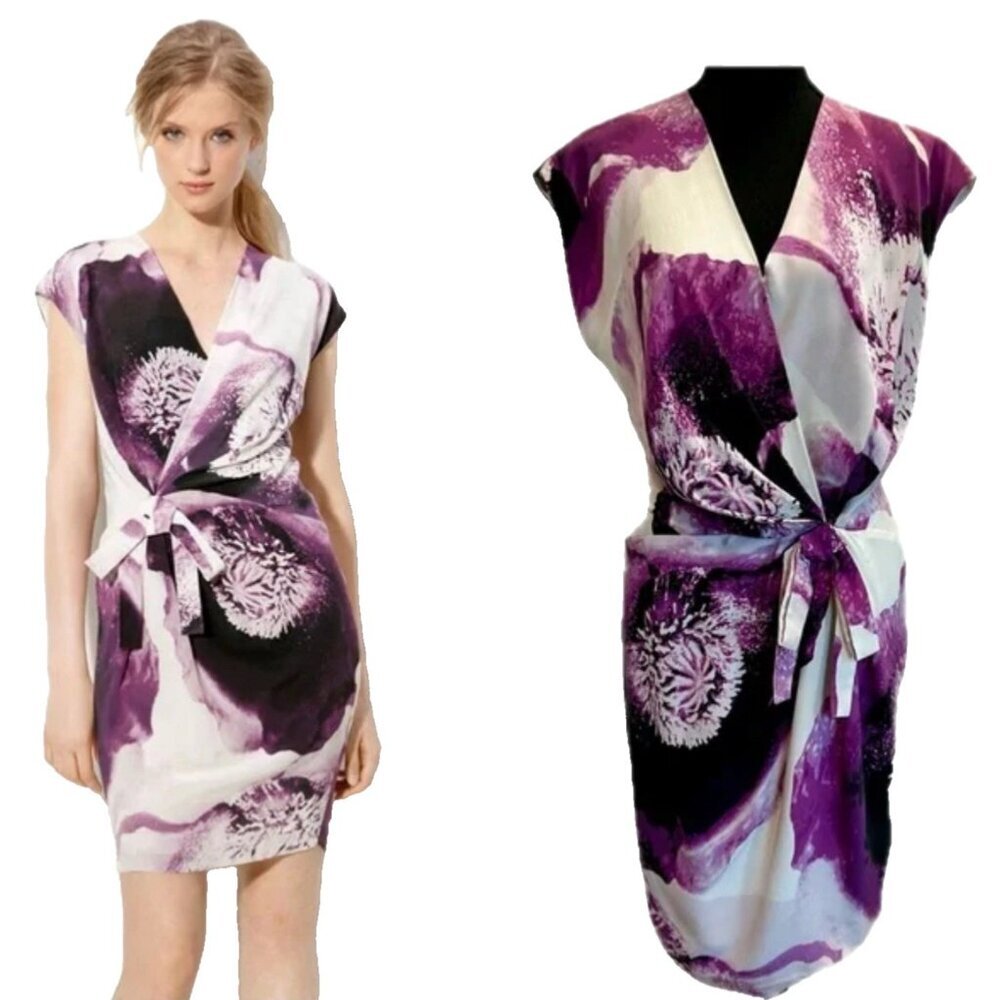 Robert Rodriquez Silk Dress 6 Clematis Print Purple Cream Stretch Career Church